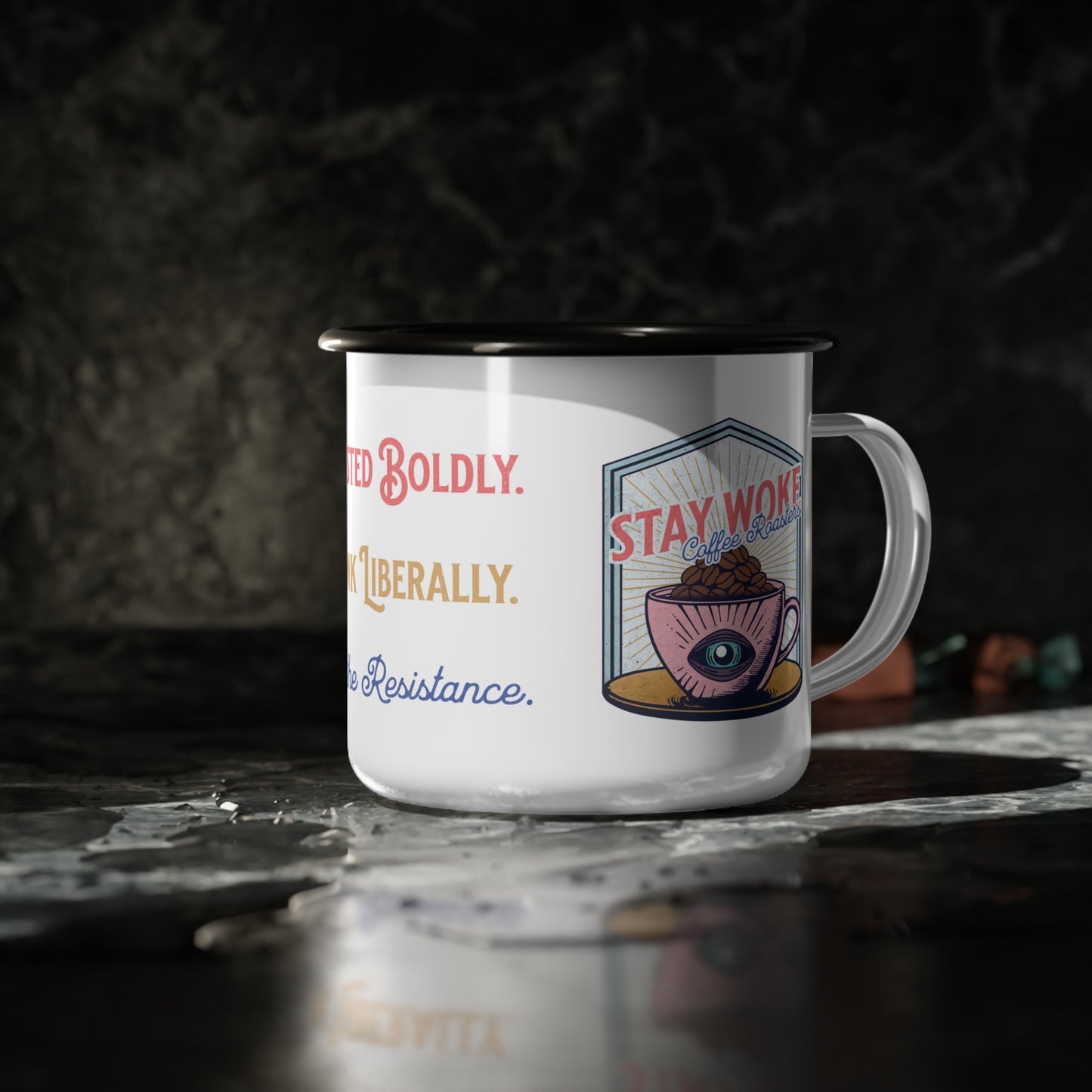 Stay Woke Coffee Roasters Enamel Camping Mug | Fuel the Resistance Cup | Firestarter Fund Collection