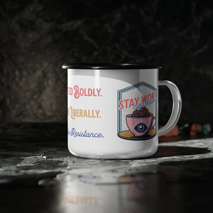 Stay Woke Coffee Roasters Enamel Camping Mug | Fuel the Resistance Cup | Firestarter Fund Collection
