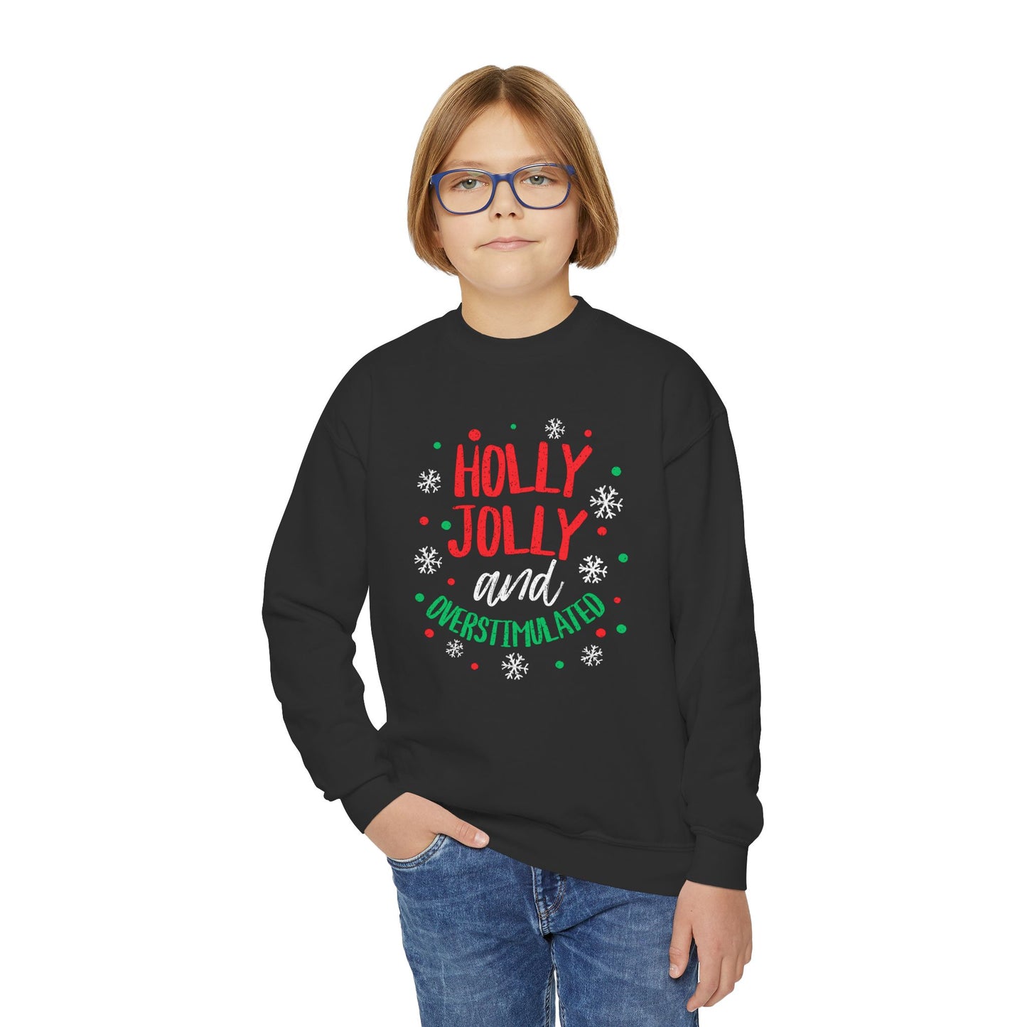 Youth Holly Jolly Unisex Crewneck Sweatshirt | Funny Christmas Sweater for the Overstimulated