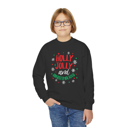 Youth Holly Jolly Unisex Crewneck Sweatshirt | Funny Christmas Sweater for the Overstimulated