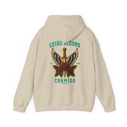 You Are Safe With Me Sword Unisex Hoodie | Estás Seguro Conmigo Hooded Sweatshirt | Immigrant Rights & Solidarity Collection