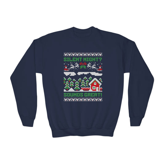 Youth "Silent Night? Sounds Great!" Unisex Crewneck Sweatshirt | Ugly Christmas Sweater for the Overstimulated