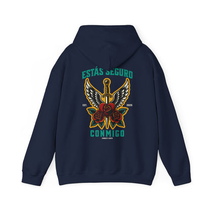 You Are Safe With Me Sword Unisex Hoodie | Estás Seguro Conmigo Hooded Sweatshirt | Immigrant Rights & Solidarity Collection