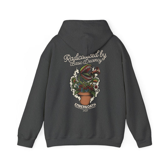 "Radicalized by Basic Decency" Unisex Hoodie | American Traditional Venus Flytrap Hooded Sweatshirt | Firestarter Fund Collection