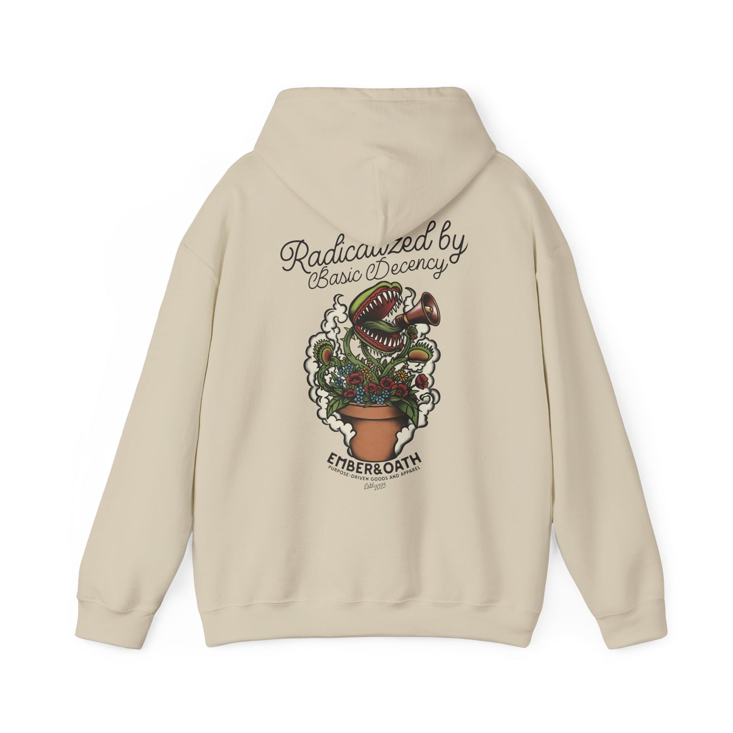 "Radicalized by Basic Decency" Unisex Hoodie | American Traditional Venus Flytrap Hooded Sweatshirt | Firestarter Fund Collection