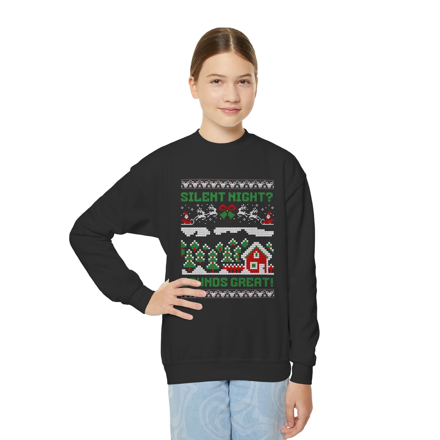Youth "Silent Night? Sounds Great!" Unisex Crewneck Sweatshirt | Ugly Christmas Sweater for the Overstimulated