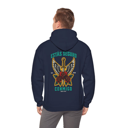 You Are Safe With Me Sword Unisex Hoodie | Estás Seguro Conmigo Hooded Sweatshirt | Immigrant Rights & Solidarity Collection