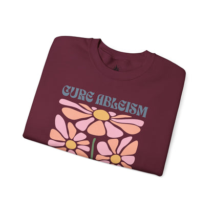 "Cure Ableism Not Autism" Crewneck Sweater | Retro Floral Activist Sweatshirt