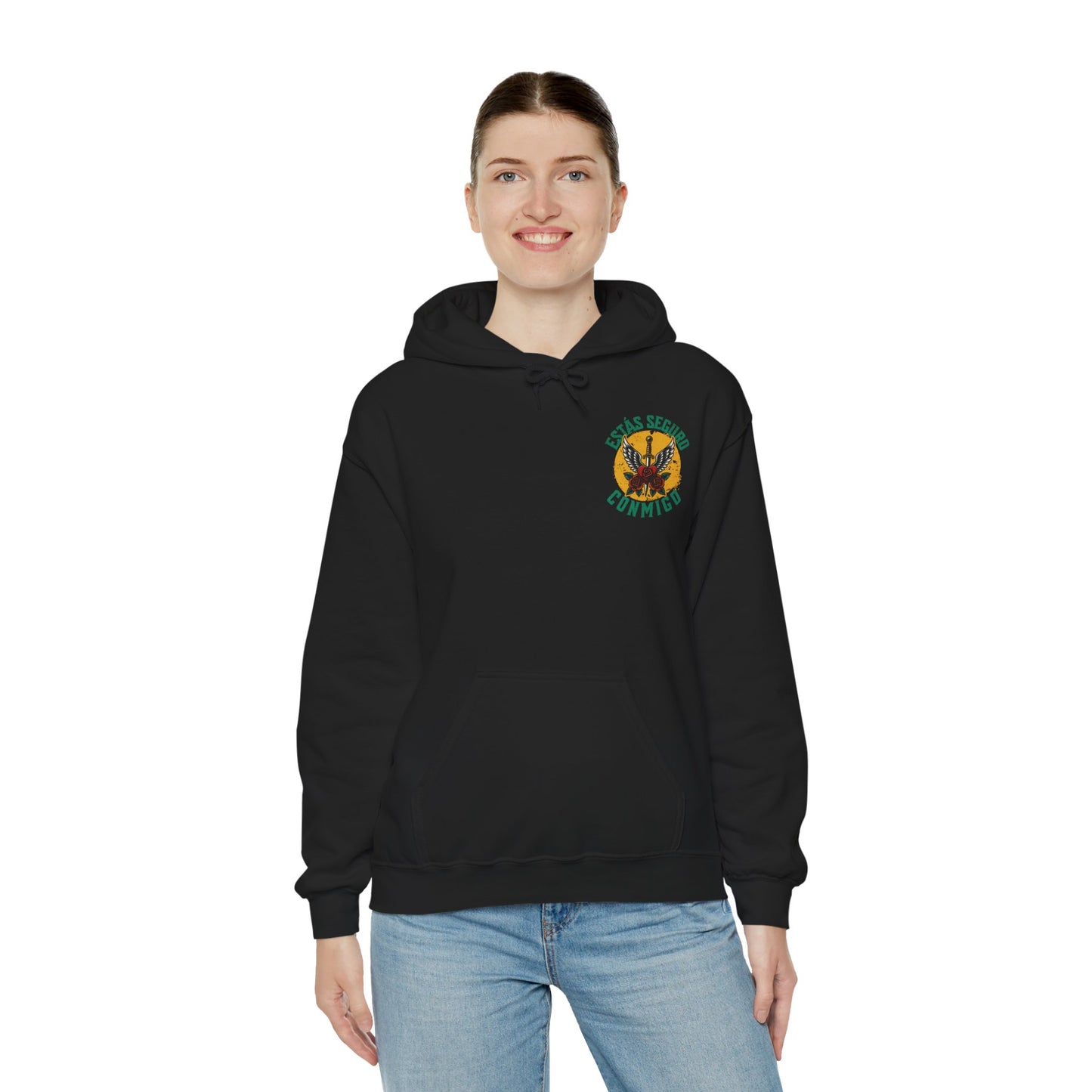 You Are Safe With Me Sword Unisex Hoodie | Estás Seguro Conmigo Hooded Sweatshirt | Immigrant Rights & Solidarity Collection