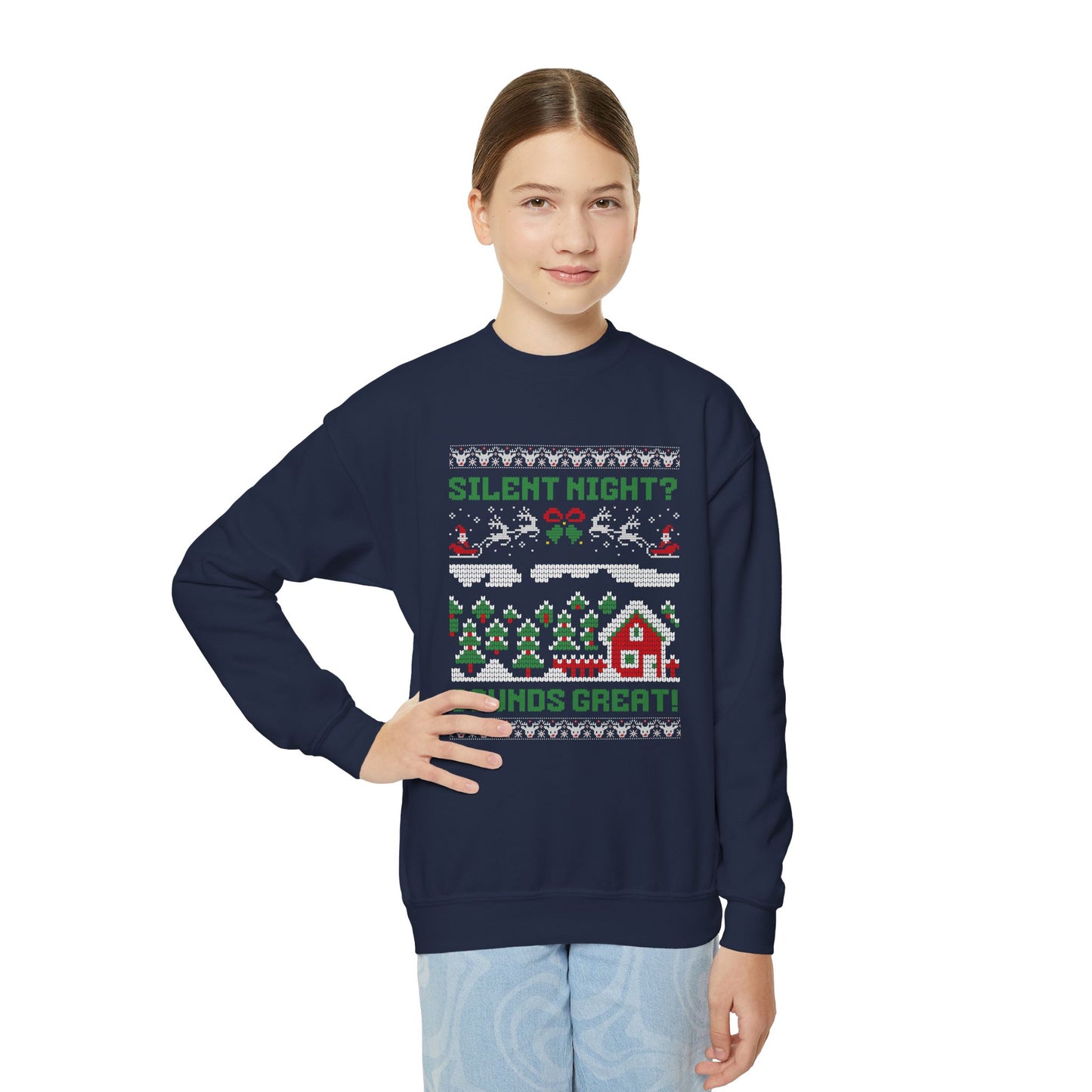 Youth "Silent Night? Sounds Great!" Unisex Crewneck Sweatshirt | Ugly Christmas Sweater for the Overstimulated