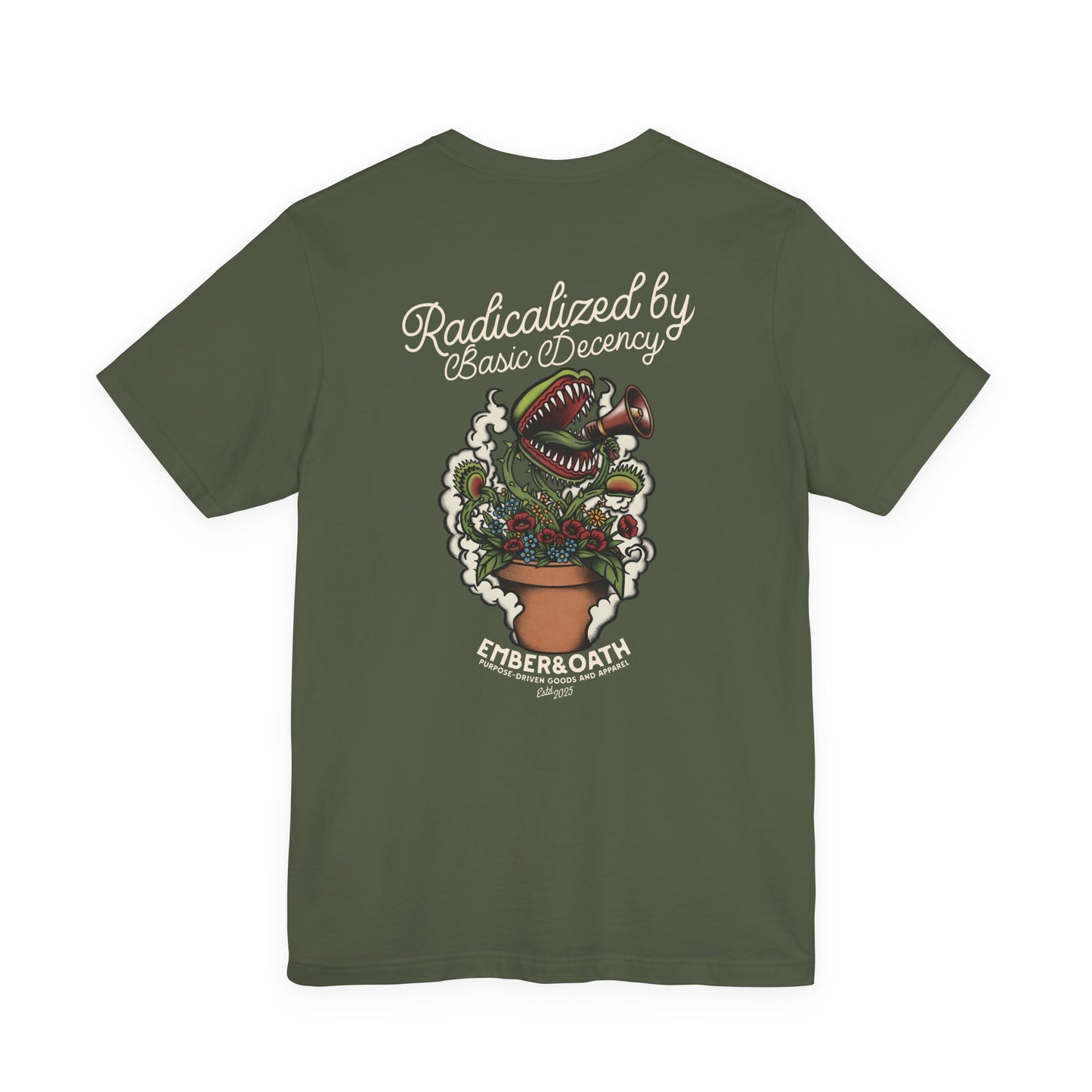 "Radicalized by Basic Decency" Unisex Tee | American Traditional Venus Flytrap Shirt | Firestarter Fund Collection