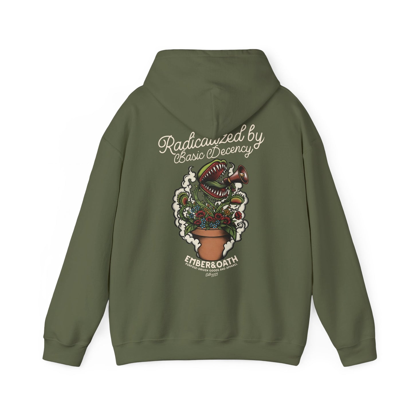 "Radicalized by Basic Decency" Unisex Hoodie | American Traditional Venus Flytrap Hooded Sweatshirt | Firestarter Fund Collection