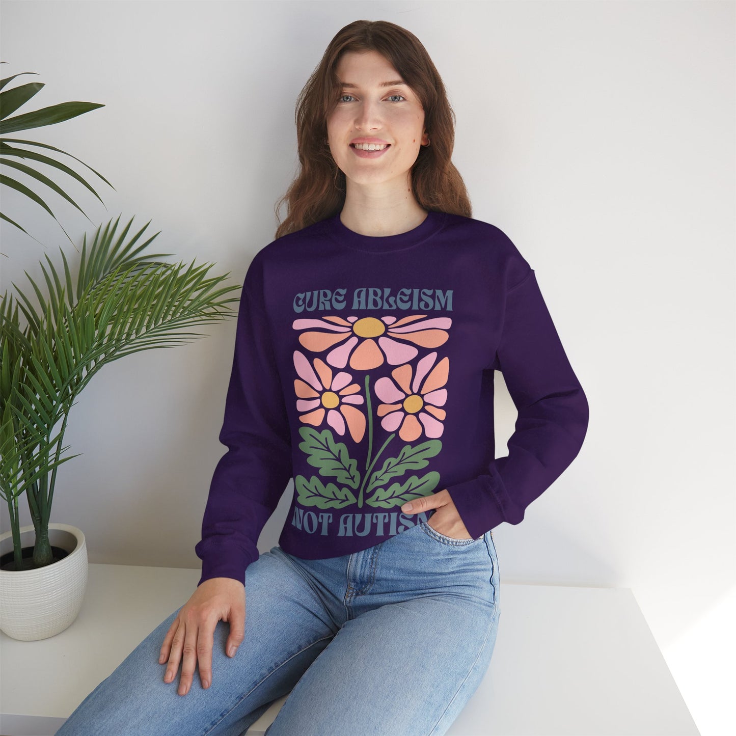 "Cure Ableism Not Autism" Crewneck Sweater | Retro Floral Activist Sweatshirt