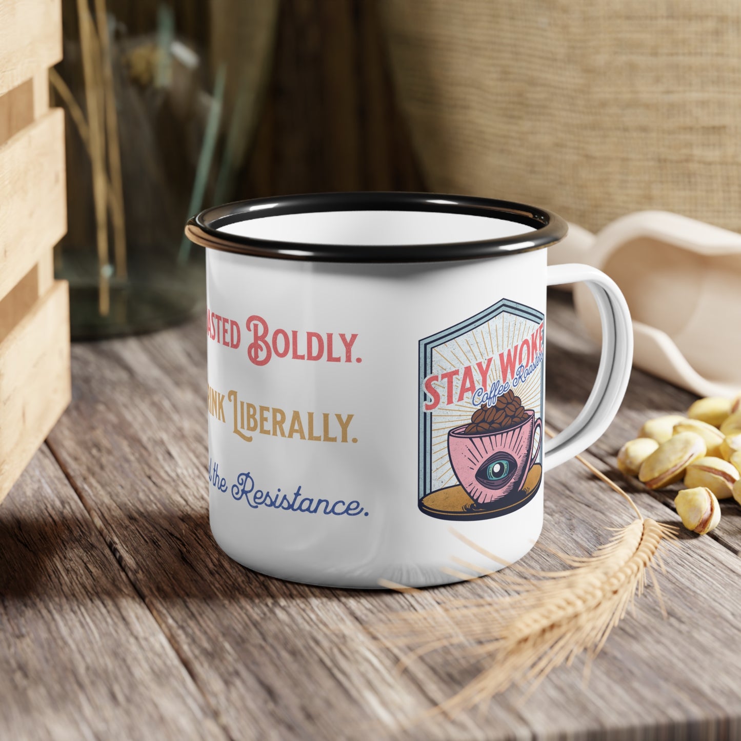 Stay Woke Coffee Roasters Enamel Camping Mug | Fuel the Resistance Cup | Firestarter Fund Collection