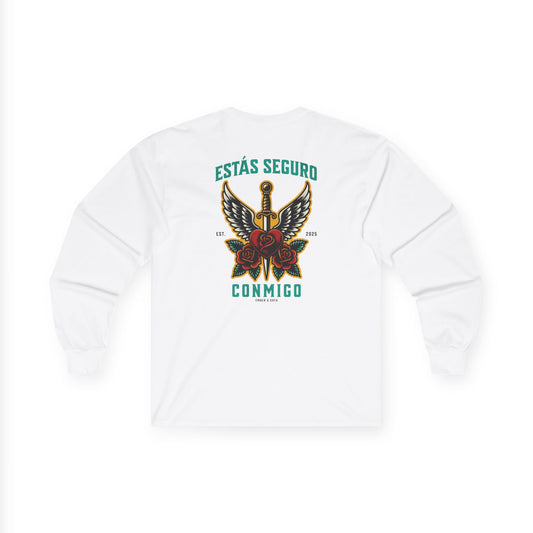 You Are Safe With Me Sword Unisex Long Sleeve Tee | Estás Seguro Conmigo Shirt | Immigrant Rights & Solidarity Collection