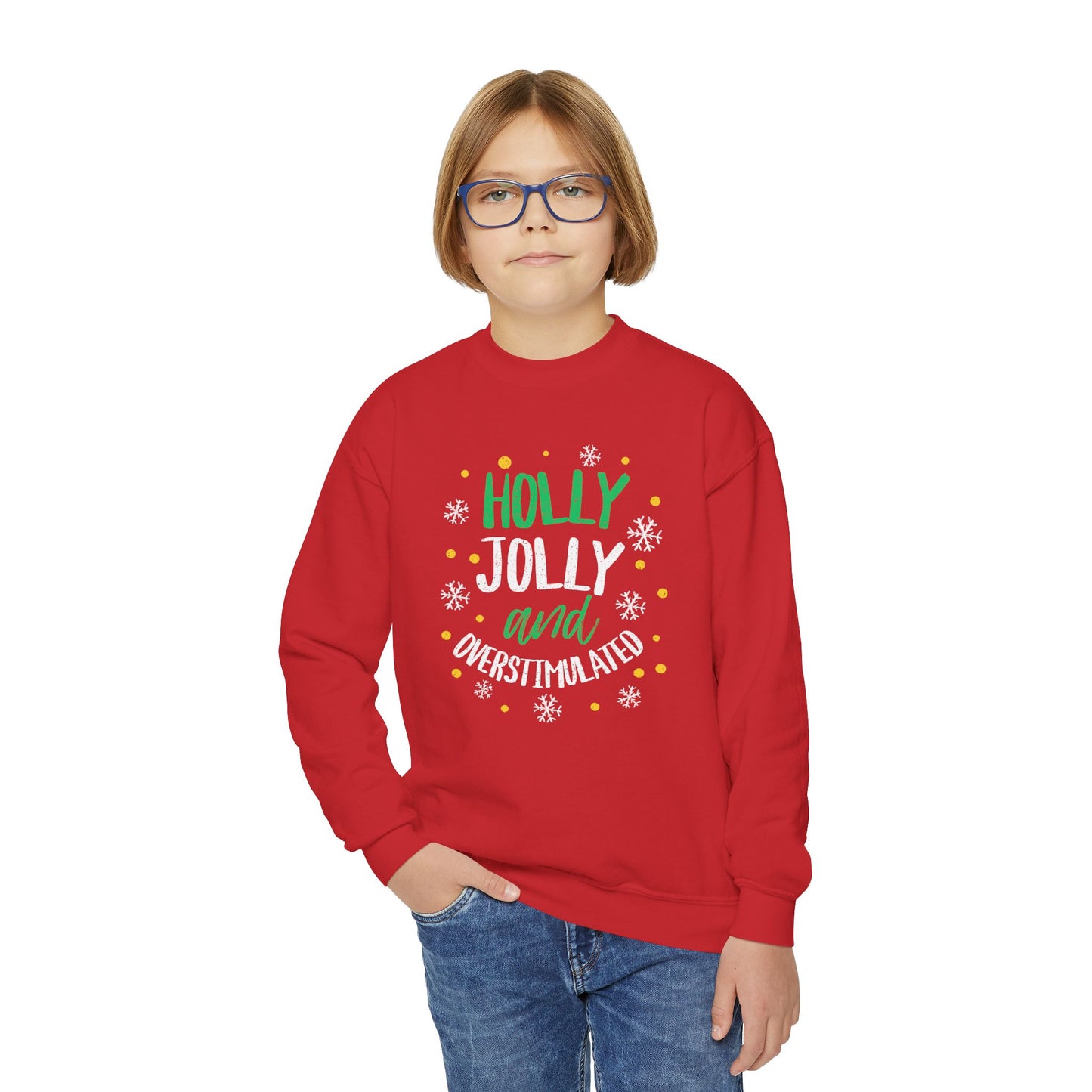 Youth Holly Jolly Unisex Crewneck Sweatshirt | Funny Christmas Sweater for the Overstimulated