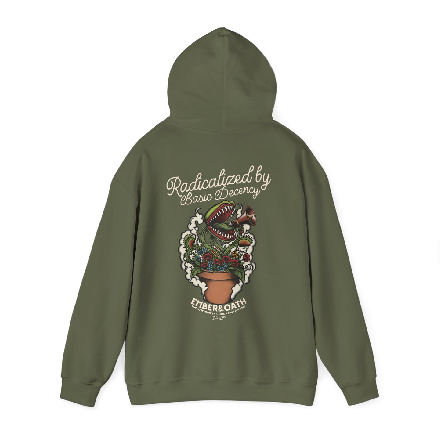 "Radicalized by Basic Decency" Unisex Hoodie | American Traditional Venus Flytrap Hooded Sweatshirt | Firestarter Fund Collection