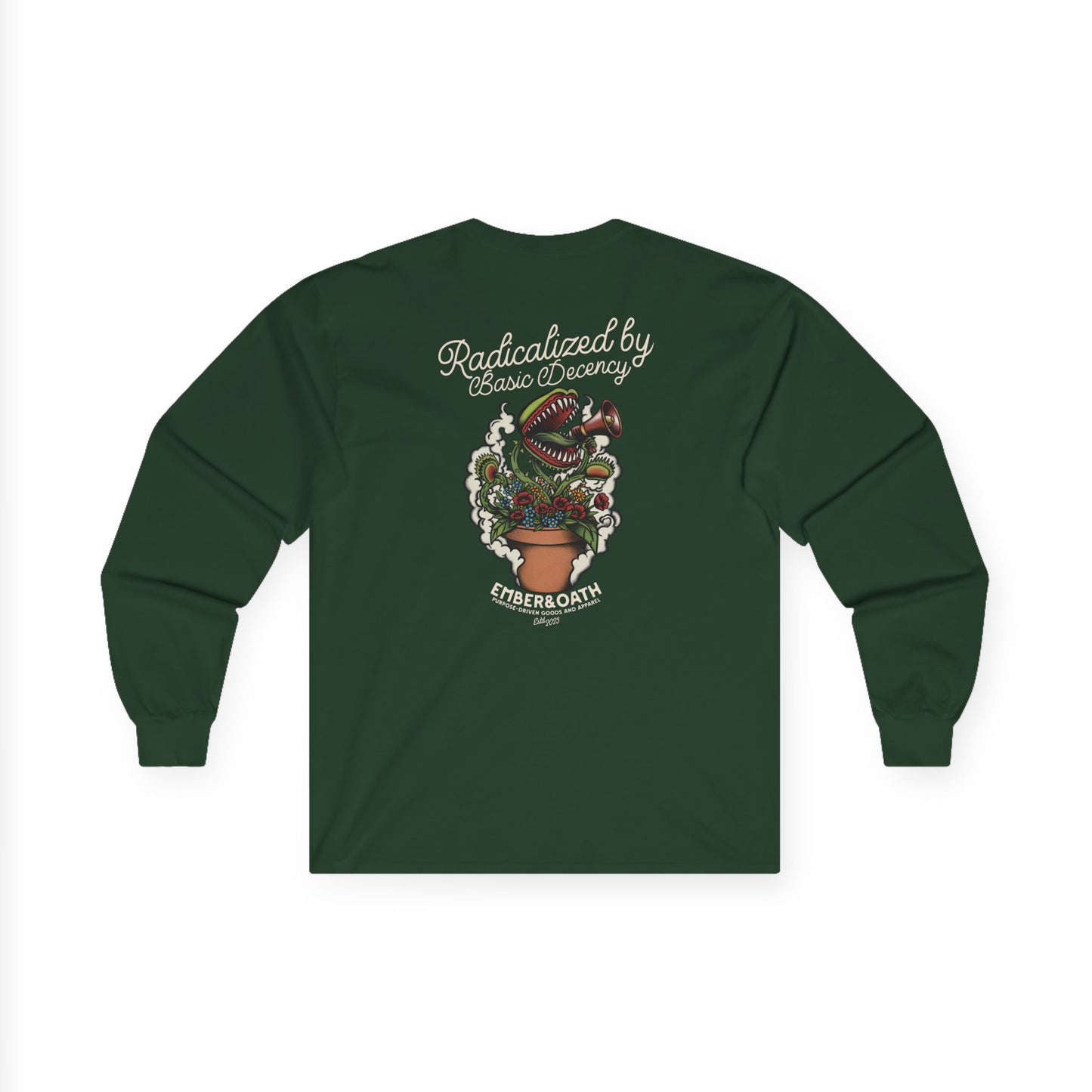 "Radicalized by Basic Decency" Unisex Long Sleeve Tee | American Traditional Venus Flytrap Shirt | Firestarter Fund Collection