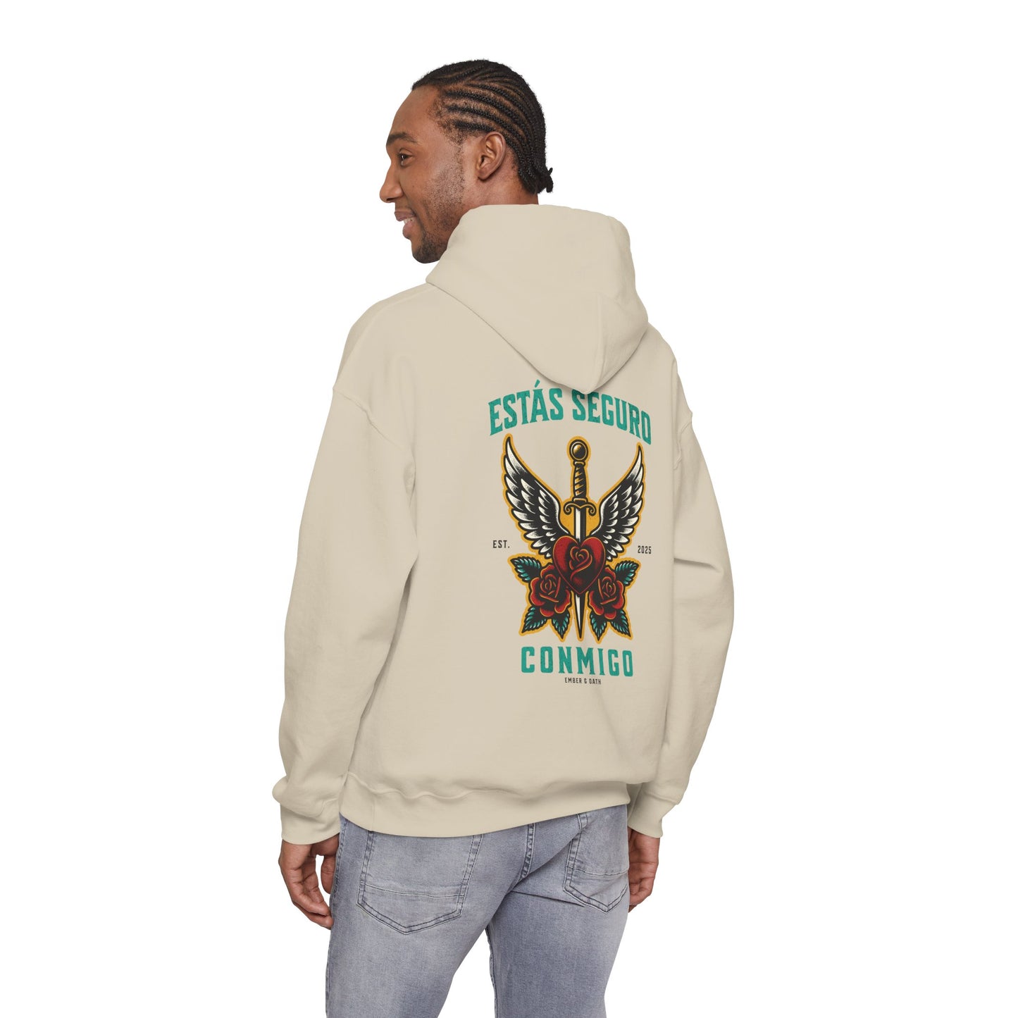 You Are Safe With Me Sword Unisex Hoodie | Estás Seguro Conmigo Hooded Sweatshirt | Immigrant Rights & Solidarity Collection