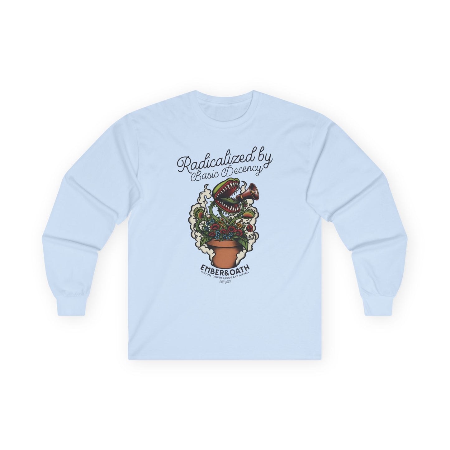 "Radicalized by Basic Decency" Unisex Long Sleeve Tee | American Traditional Venus Flytrap Shirt | Firestarter Fund Collection