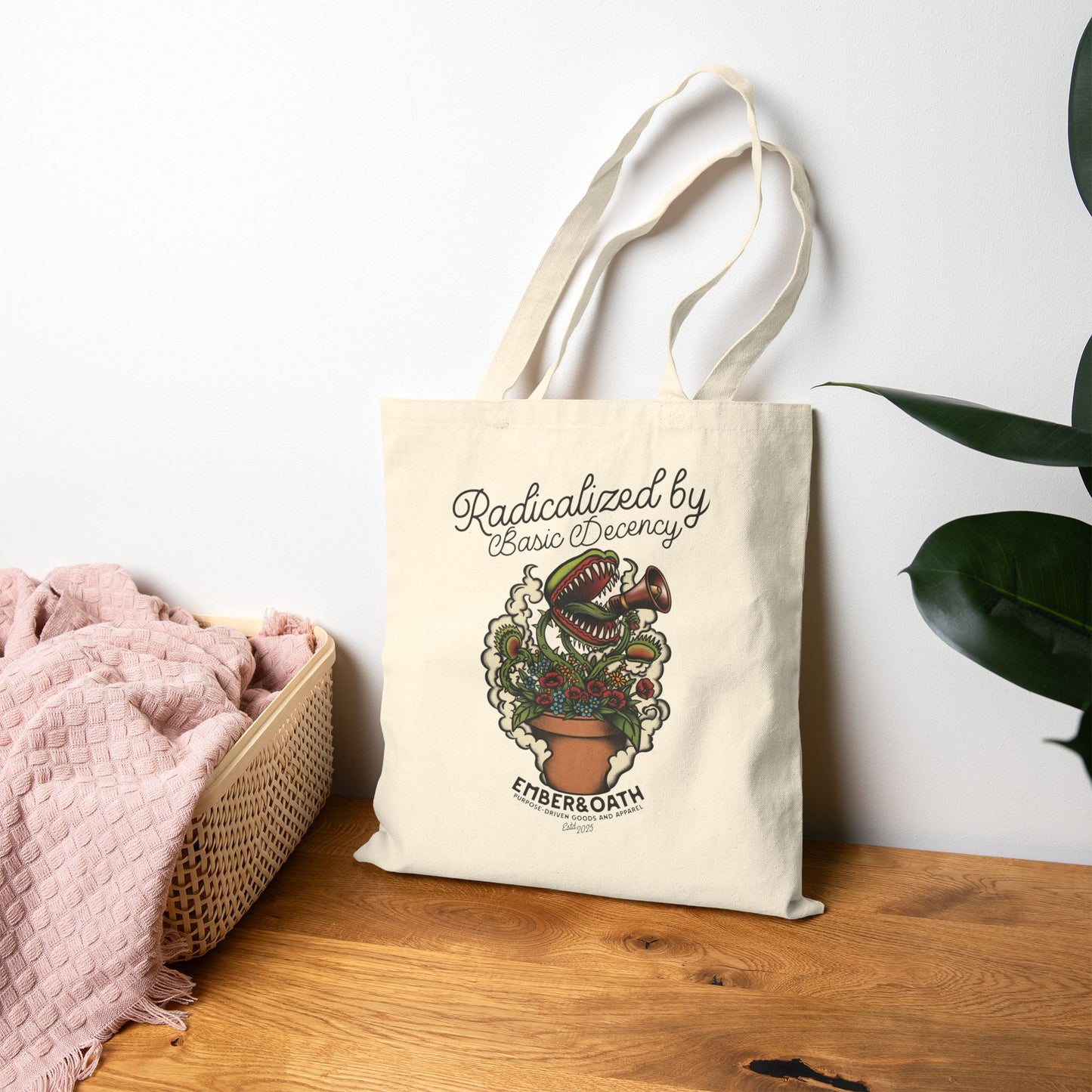 "Radicalized by Basic Decency" Tote Bag | American Traditional Venus Flytrap Bag | Firestarter Fund Collection