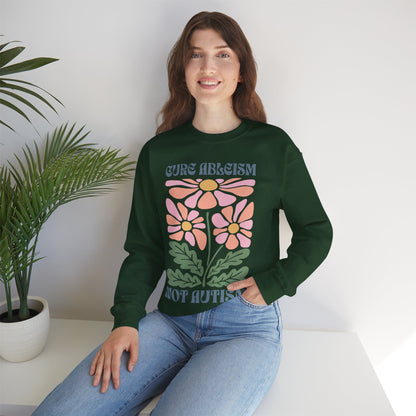 "Cure Ableism Not Autism" Crewneck Sweater | Retro Floral Activist Sweatshirt