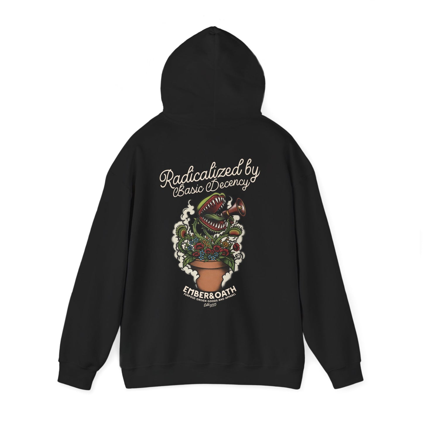 "Radicalized by Basic Decency" Unisex Hoodie | American Traditional Venus Flytrap Hooded Sweatshirt | Firestarter Fund Collection