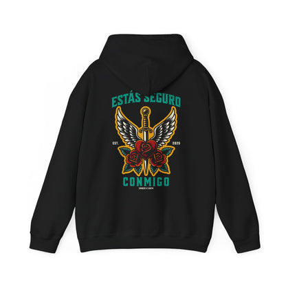 You Are Safe With Me Sword Unisex Hoodie | Estás Seguro Conmigo Hooded Sweatshirt | Immigrant Rights & Solidarity Collection