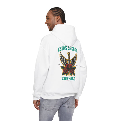 You Are Safe With Me Sword Unisex Hoodie | Estás Seguro Conmigo Hooded Sweatshirt | Immigrant Rights & Solidarity Collection