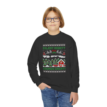 Youth "Silent Night? Sounds Great!" Unisex Crewneck Sweatshirt | Ugly Christmas Sweater for the Overstimulated