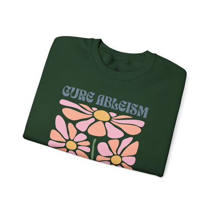 "Cure Ableism Not Autism" Crewneck Sweater | Retro Floral Activist Sweatshirt