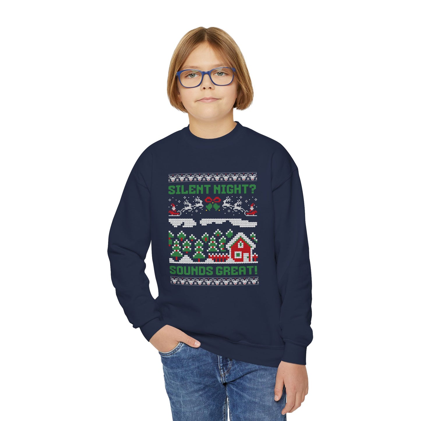 Youth "Silent Night? Sounds Great!" Unisex Crewneck Sweatshirt | Ugly Christmas Sweater for the Overstimulated