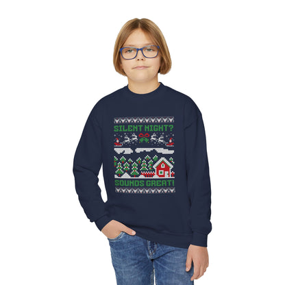 Youth "Silent Night? Sounds Great!" Unisex Crewneck Sweatshirt | Ugly Christmas Sweater for the Overstimulated