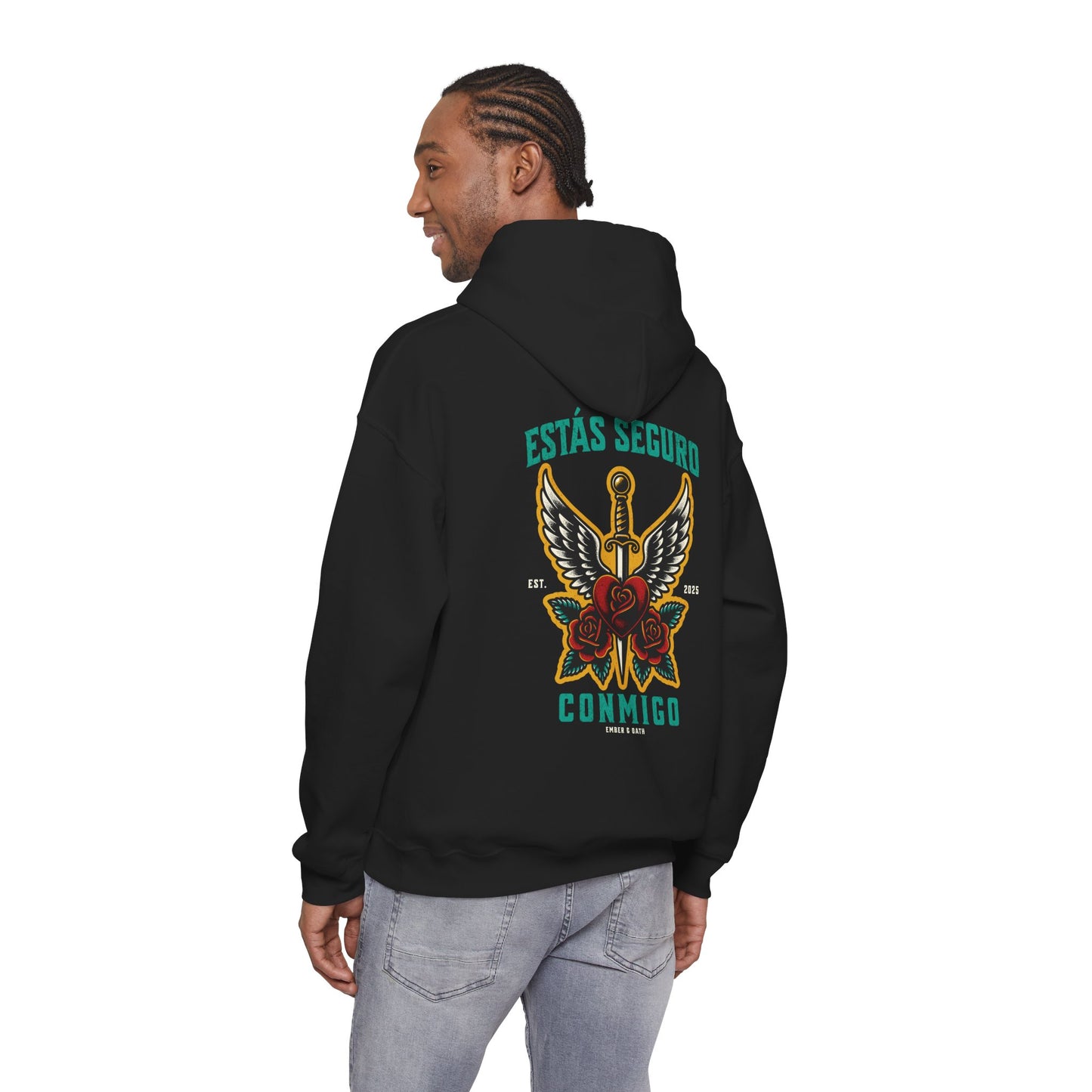 You Are Safe With Me Sword Unisex Hoodie | Estás Seguro Conmigo Hooded Sweatshirt | Immigrant Rights & Solidarity Collection