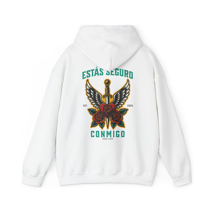 You Are Safe With Me Sword Unisex Hoodie | Estás Seguro Conmigo Hooded Sweatshirt | Immigrant Rights & Solidarity Collection