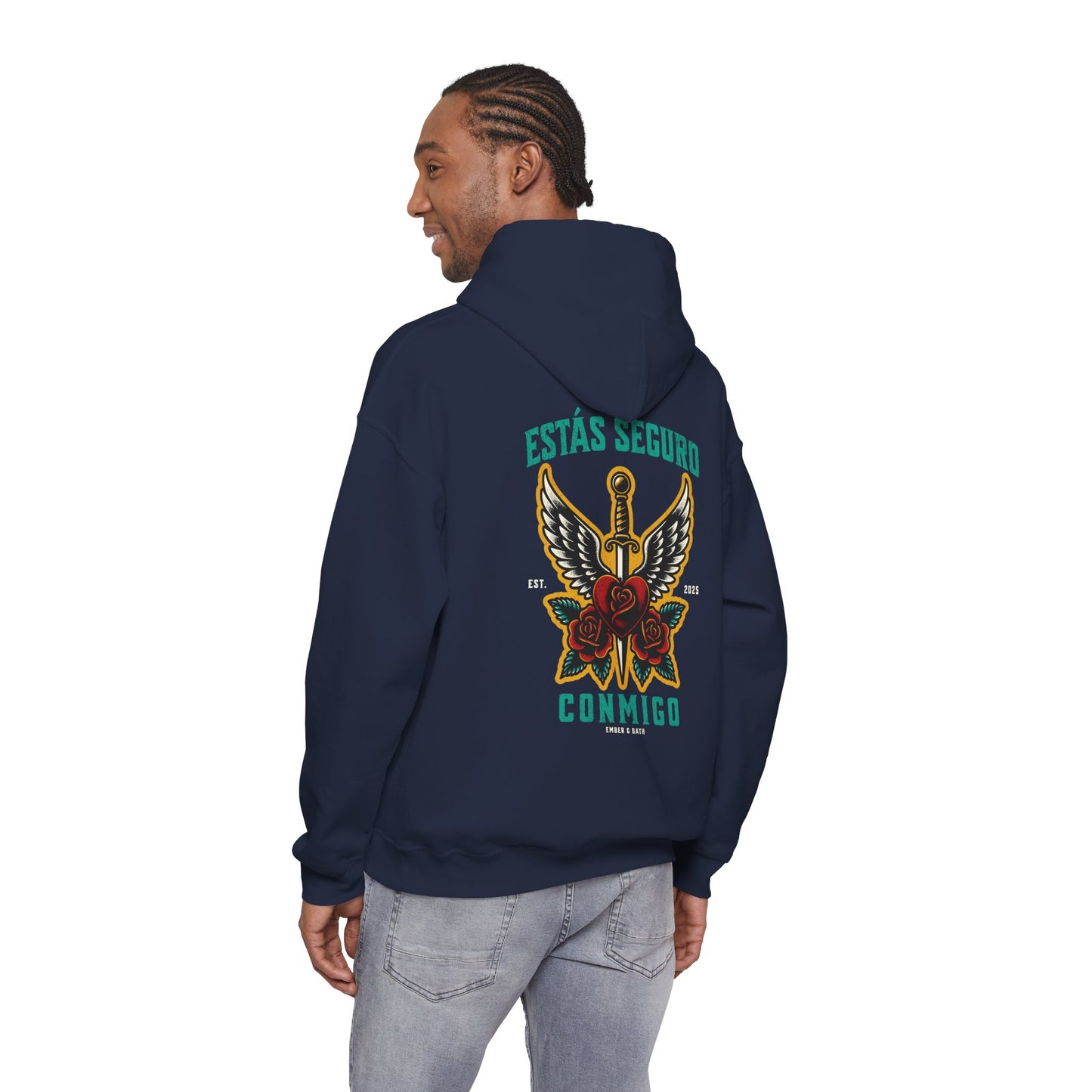 You Are Safe With Me Sword Unisex Hoodie | Estás Seguro Conmigo Hooded Sweatshirt | Immigrant Rights & Solidarity Collection