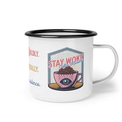 Stay Woke Coffee Roasters Enamel Camping Mug | Fuel the Resistance Cup | Firestarter Fund Collection
