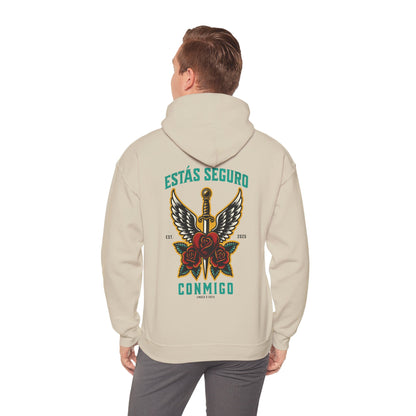You Are Safe With Me Sword Unisex Hoodie | Estás Seguro Conmigo Hooded Sweatshirt | Immigrant Rights & Solidarity Collection