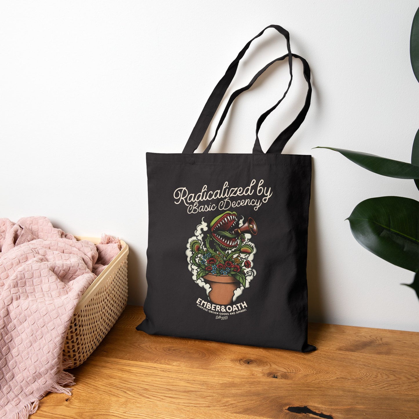 "Radicalized by Basic Decency" Tote Bag | American Traditional Venus Flytrap Bag | Firestarter Fund Collection