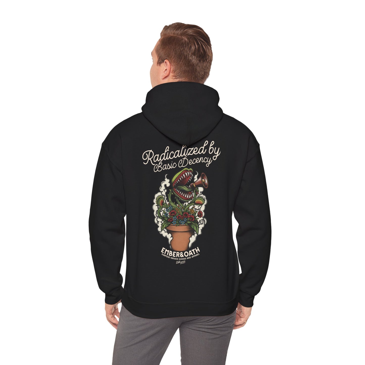 "Radicalized by Basic Decency" Unisex Hoodie | American Traditional Venus Flytrap Hooded Sweatshirt | Firestarter Fund Collection