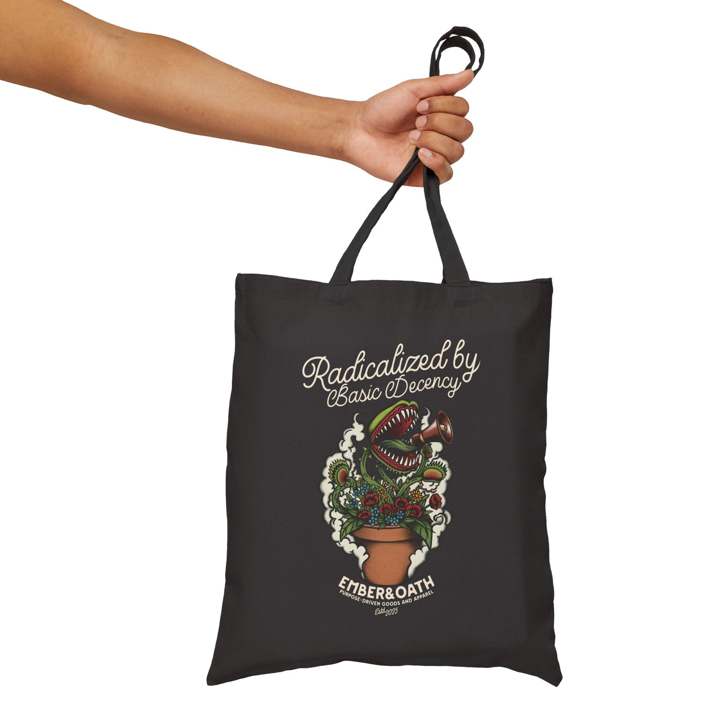 "Radicalized by Basic Decency" Tote Bag | American Traditional Venus Flytrap Bag | Firestarter Fund Collection