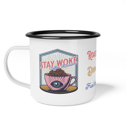 Stay Woke Coffee Roasters Enamel Camping Mug | Fuel the Resistance Cup | Firestarter Fund Collection
