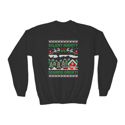 Youth "Silent Night? Sounds Great!" Unisex Crewneck Sweatshirt | Ugly Christmas Sweater for the Overstimulated